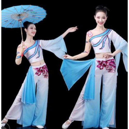 Women's chinese traditional classical dance costumes fan umbrella classical singers dancers performance dresses costumes